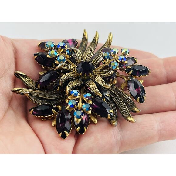 Vintage Unsigned Selro Selini Purple Rhinestone Brooch AB Flower Spray Lapel Pin - Picture 3 of 14